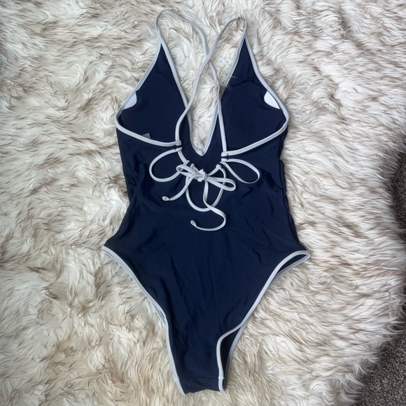 Aerie Timeless Navy Plunge High-Leg Cheeky One-Piece Swimsuit - Picture 2 of 3